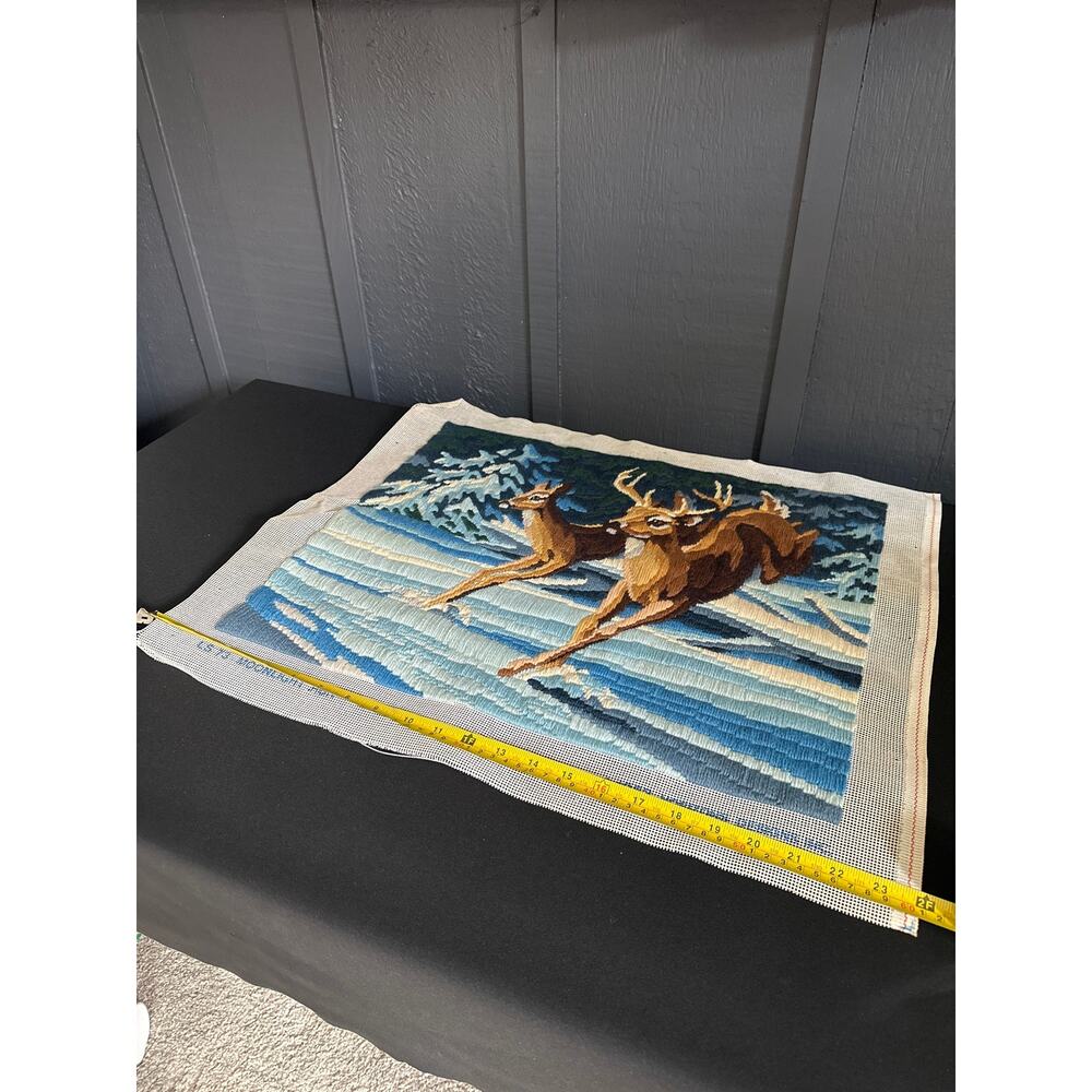 Vintage 1983 Moonlight Run Needlepoint Tapestry Deer Doe Buck Monarch Horizons - Picture 9 of 12